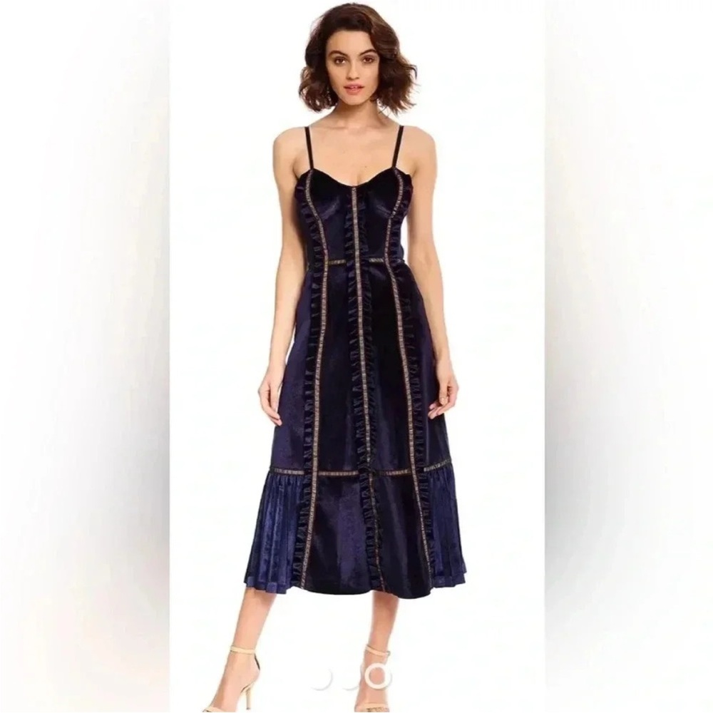 self-portrait blue velvet paneled midi dress, size 6, NWT
